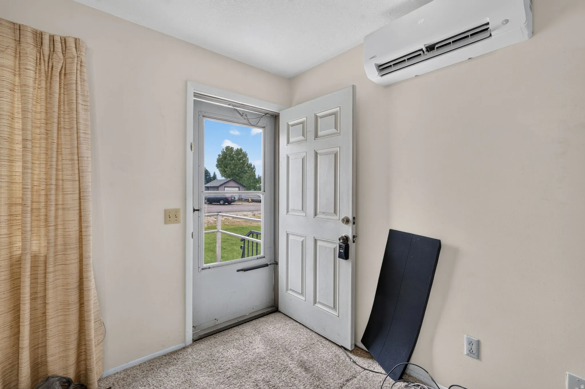 Wall-mounted mini-split system, paneled door, and textured carpet flooring
