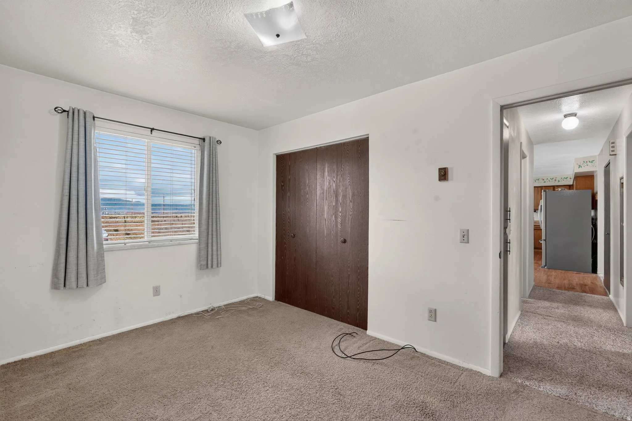 Bright bedroom with expansive window featuring natural light and distant vistas, neutral carpet flooring, wood-finish entry door, and overhead ceiling fixture
