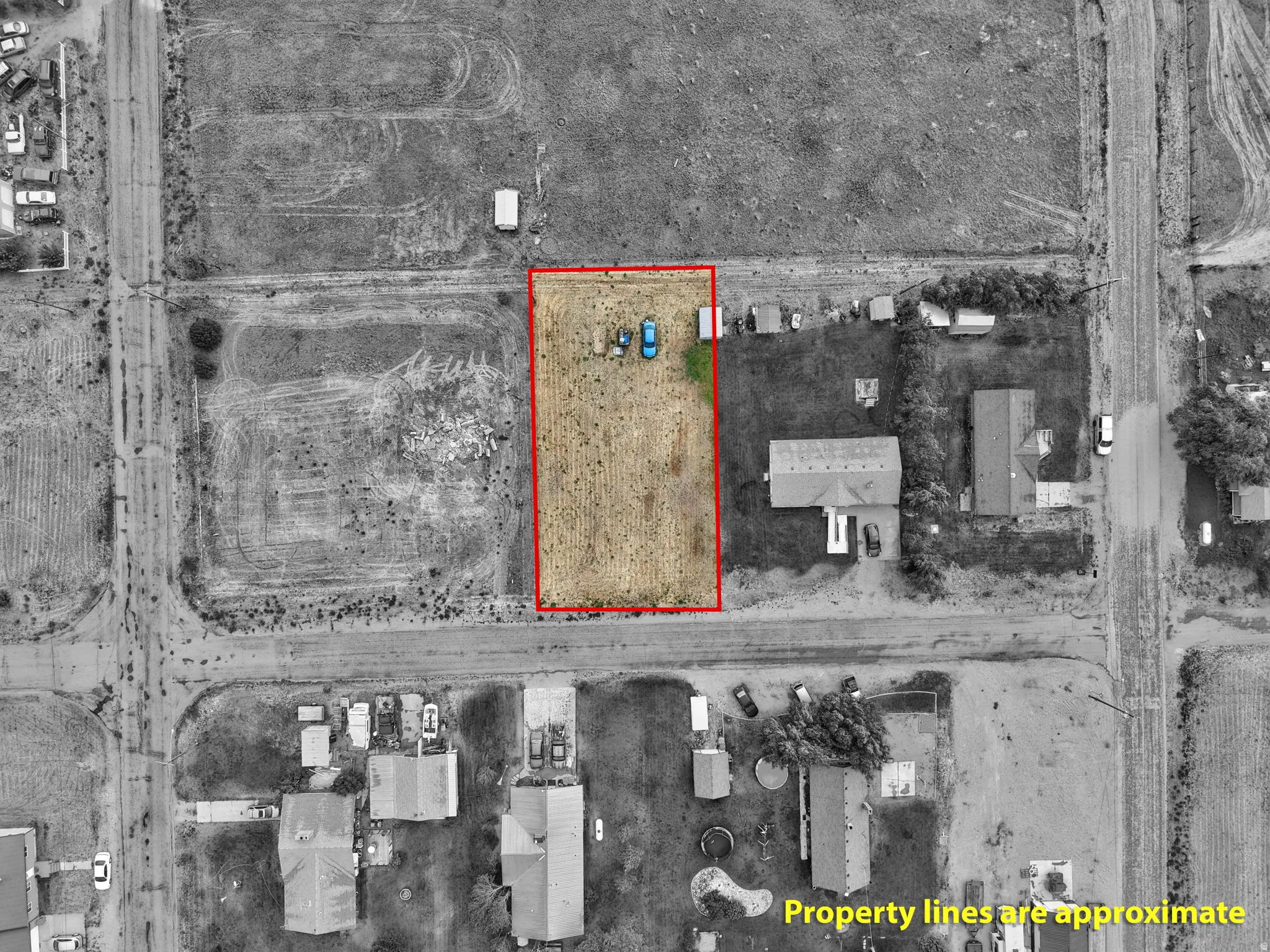 Aerial View. Depicting the property boundaries and surrounding land features