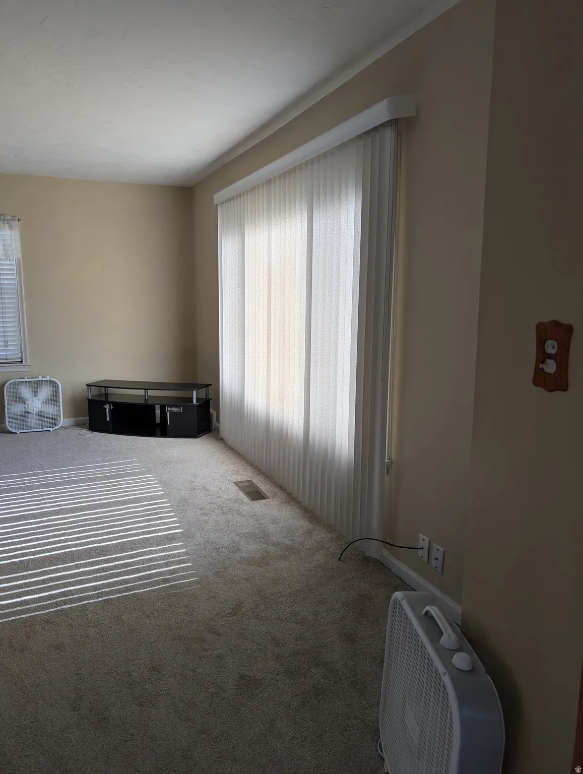 Light-toned wall paint throughout, wall-to-wall carpeting, and vertical window blinds