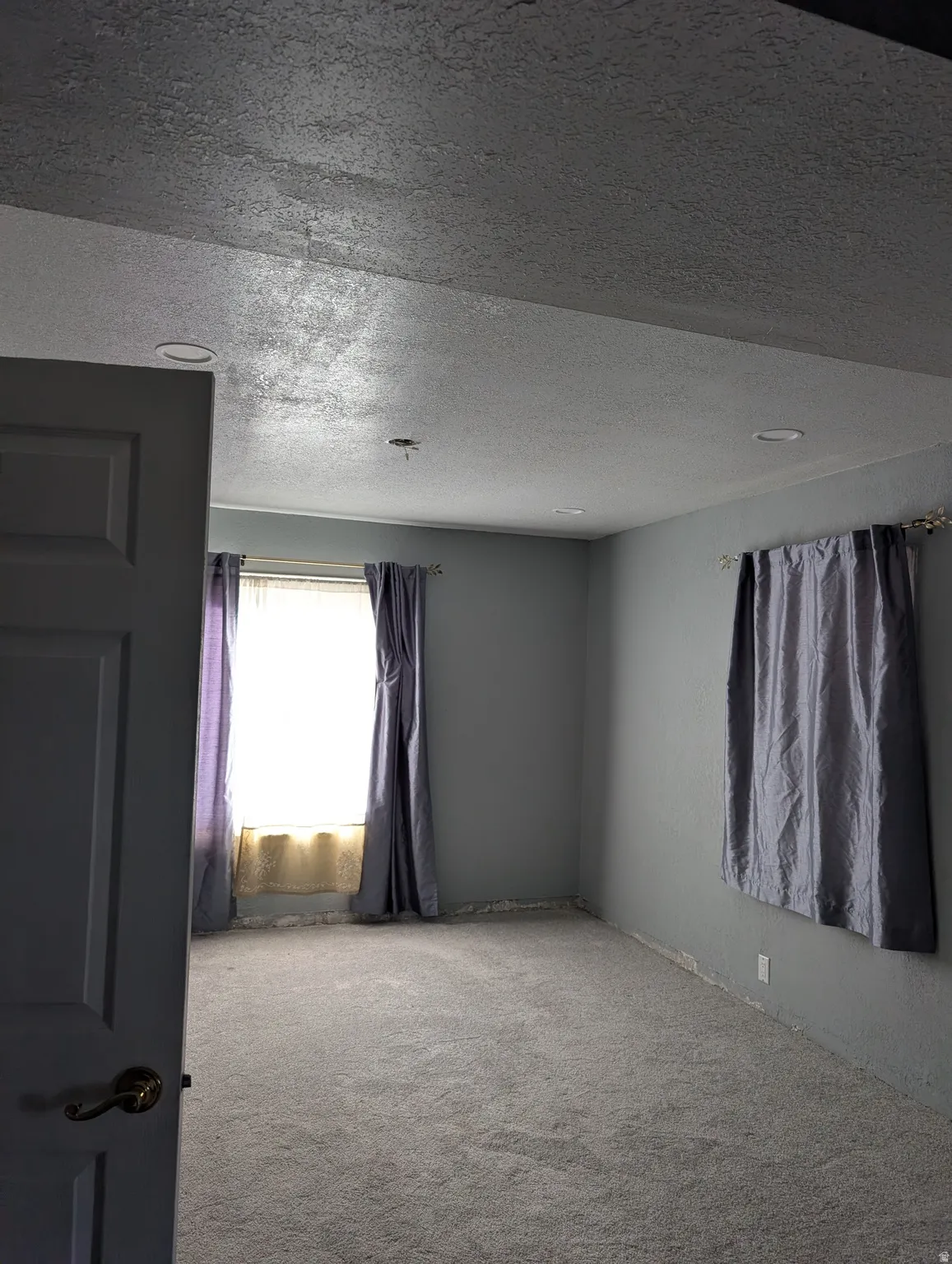 Recessed ceiling lighting, light gray walls, and gray carpeting