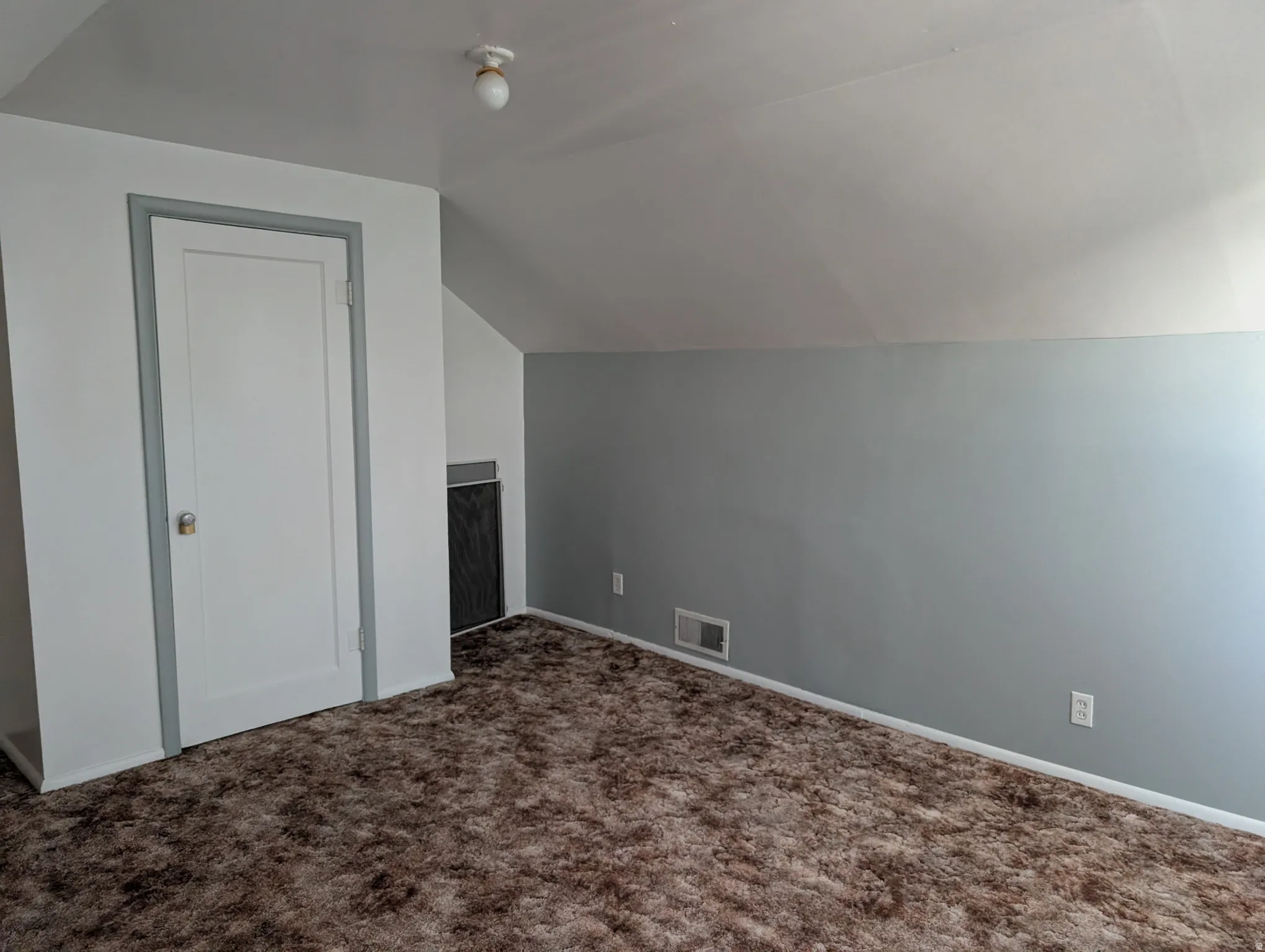 Vaulted ceiling with a flush-mount light fixture, textured brown carpeting, and a white door with gray trim