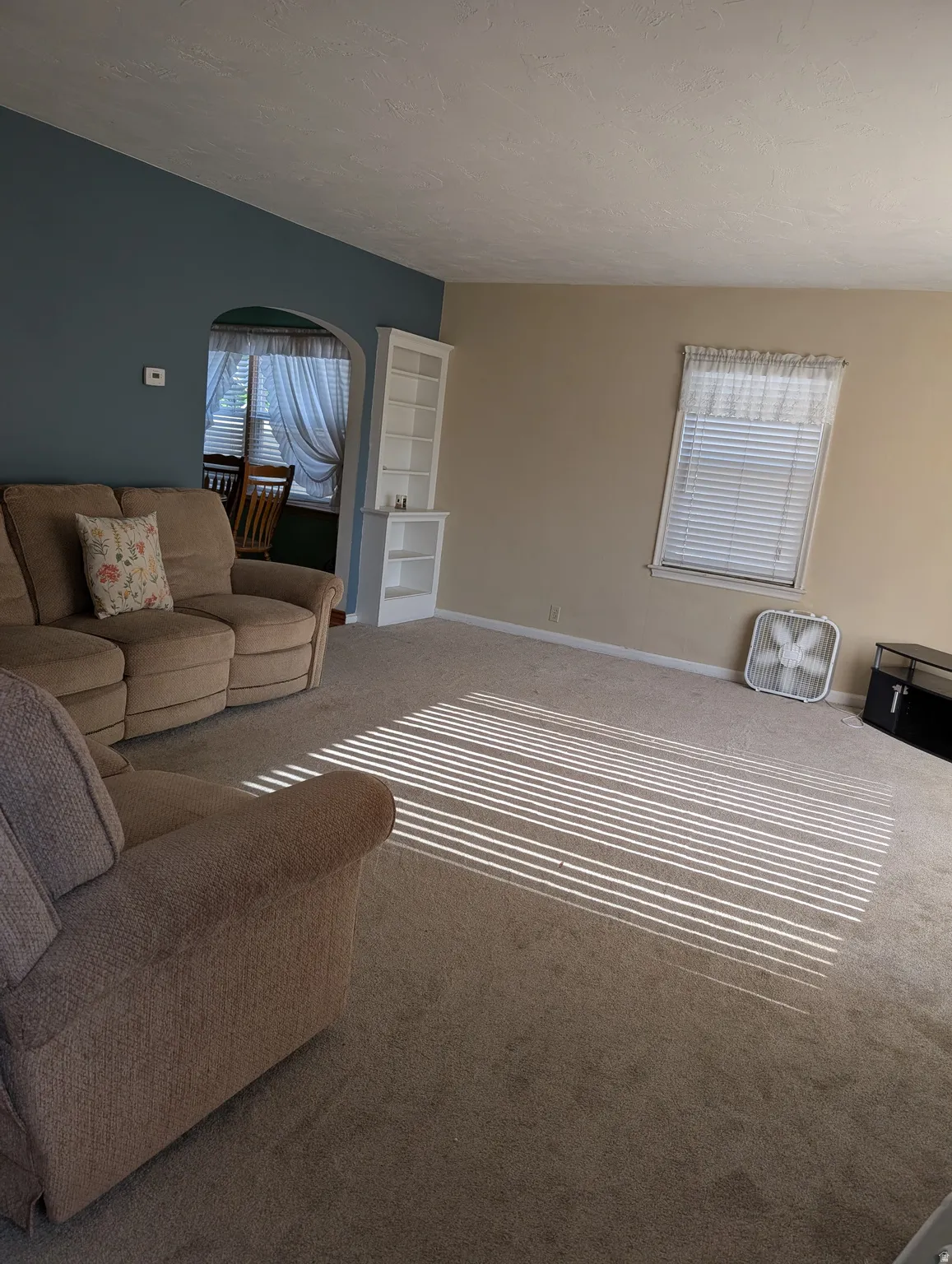 Archway opening, built-in shelving, window with blinds, and carpeting