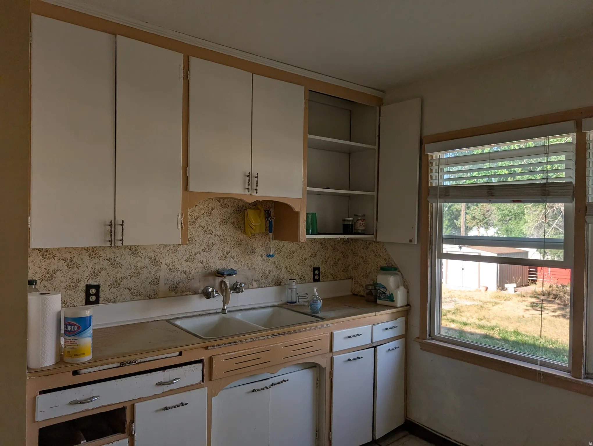 Kitchen with white cabinetry, wood-frame window, and a double basin sink
