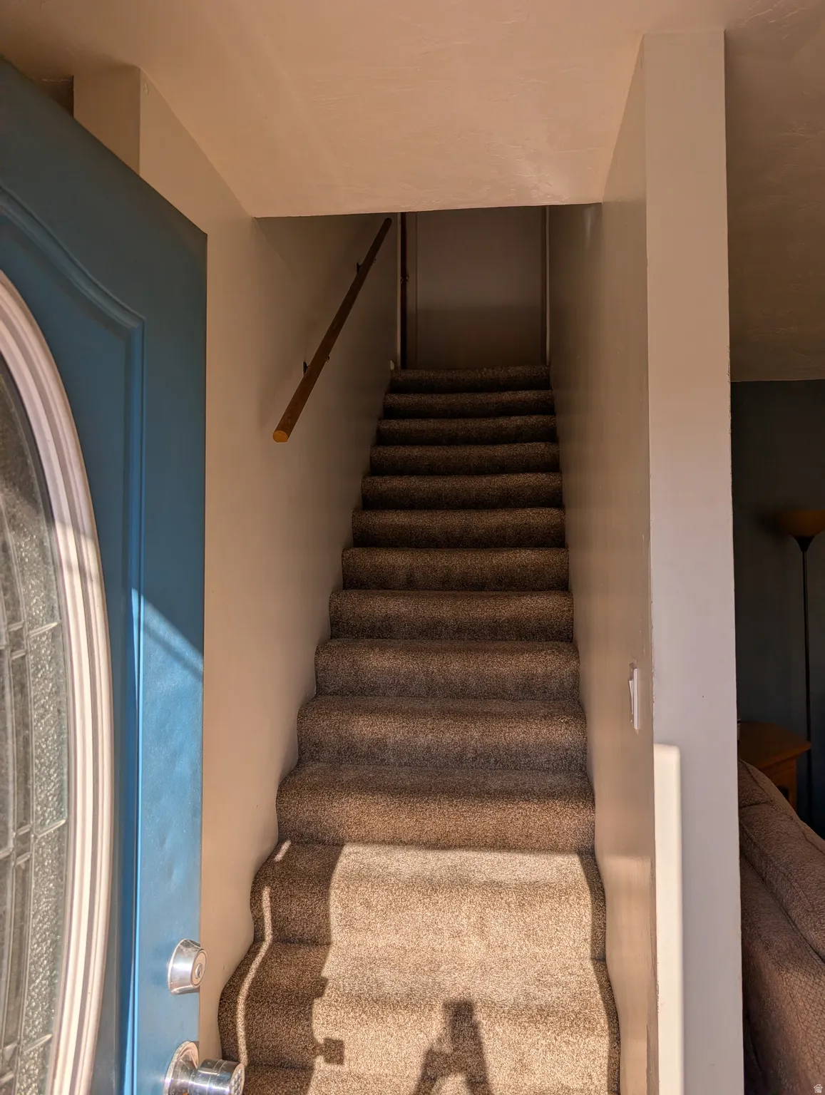 Textured carpeted staircase with a wood handrail