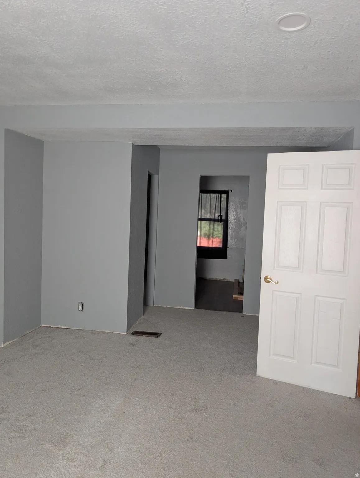 Recessed ceiling lighting, paneled interior door, and gray wall paint