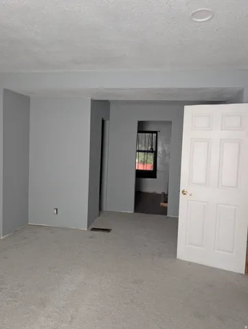 Recessed ceiling lighting, paneled interior door, and gray wall paint