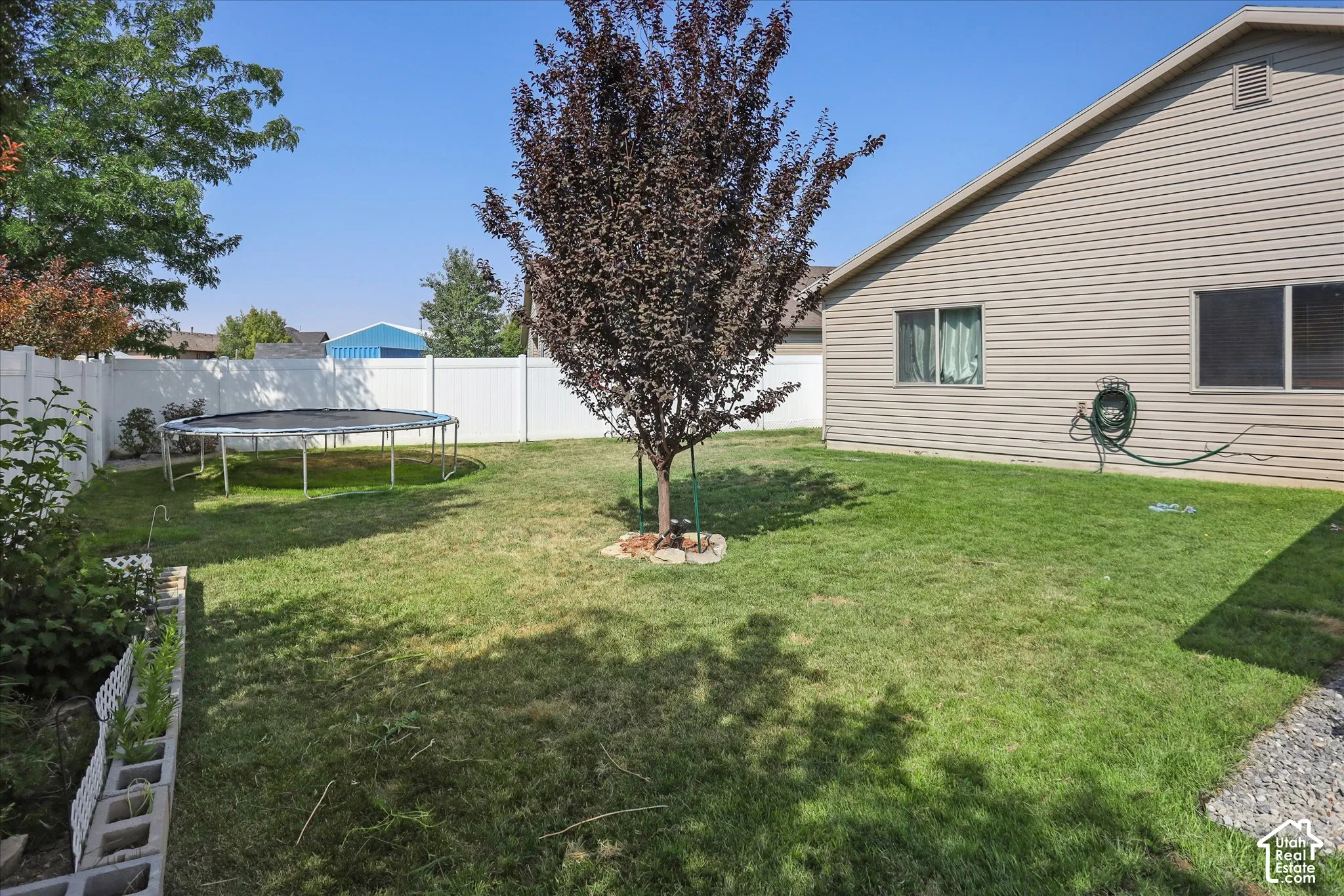 Expansive backyard featuring a manicured lawn, established trees, and a durable vinyl fence