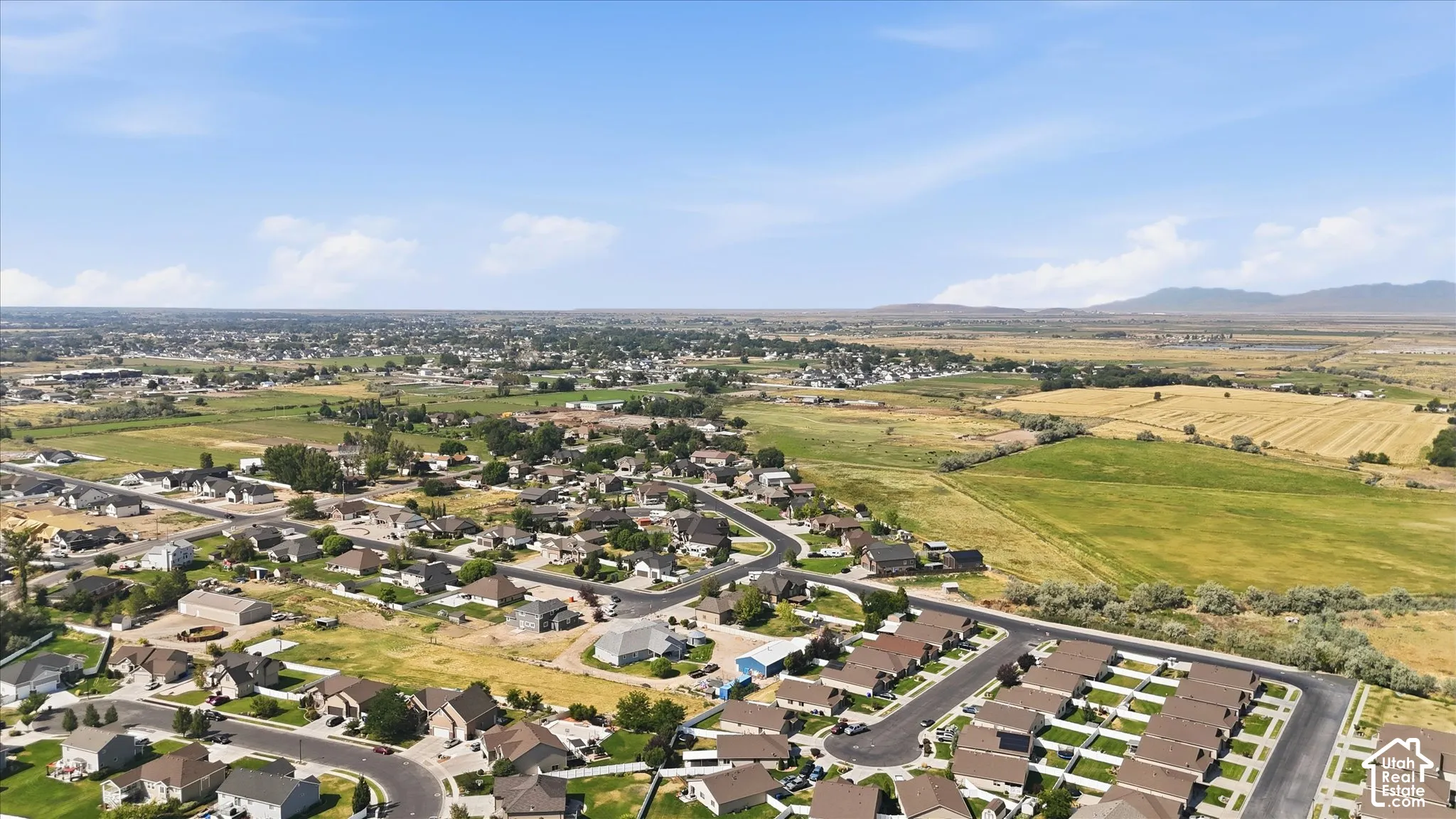 Expansive neighborhood with diverse residential structures and surrounding green fields
