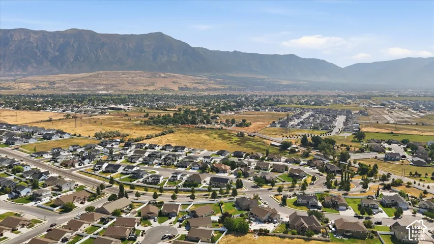 Expansive residential area featuring numerous single-family homes, surrounding open fields, and distant mountain ranges