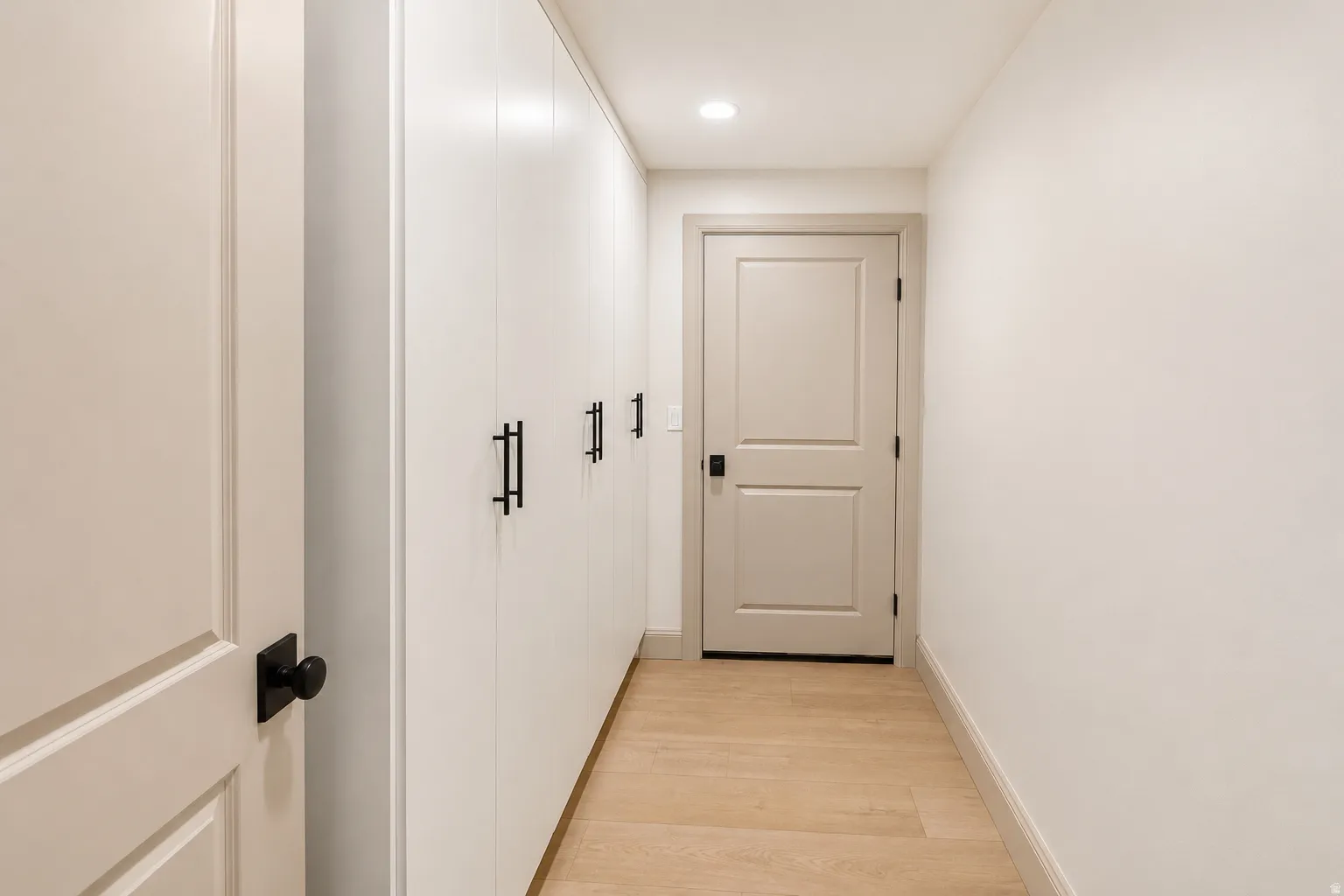 Storage space with built in cabinetry, and an entrance to the cold storage area.
