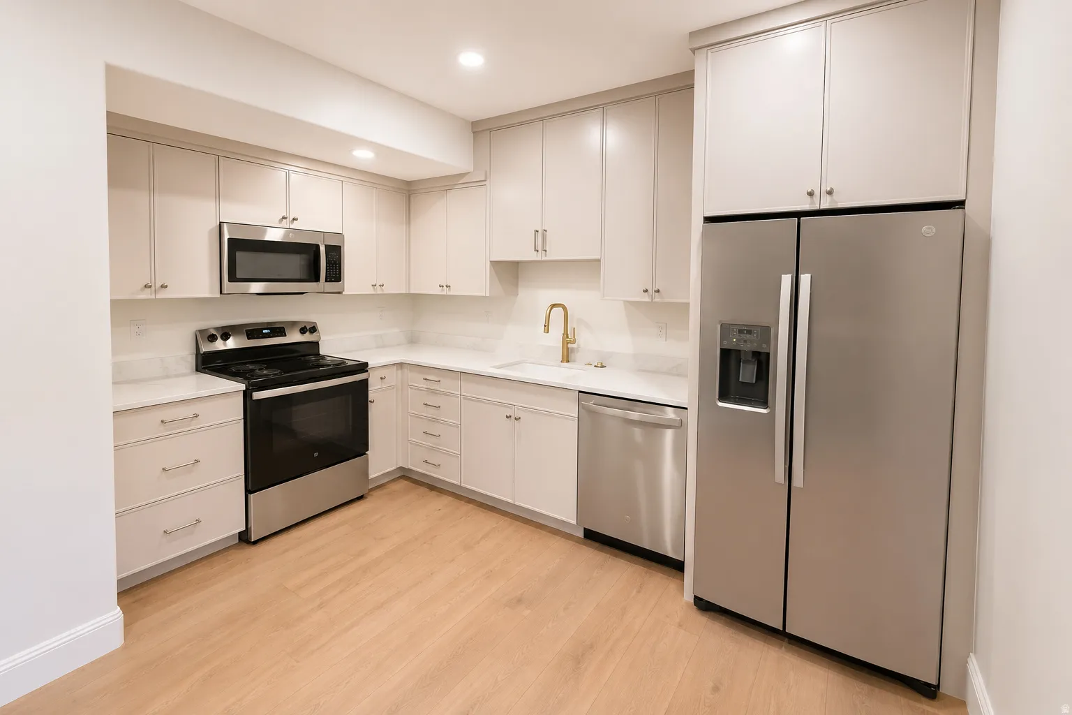 Full basement apartment kitchen with brand new cabinetry, flooring, and appliaces.