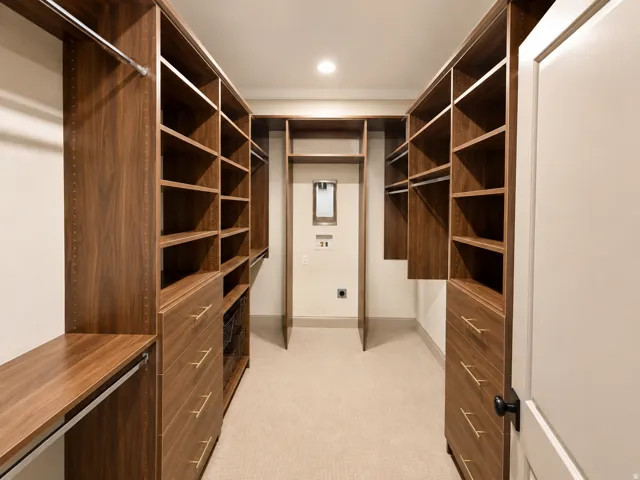Primary custom closet 2 with built in stackable laundry hookups