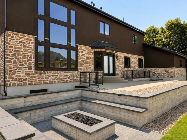 Stucco and stone exterior with large picture windows