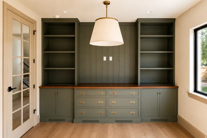 Built-in cabinetry with open shelving and drawer storage, wood-finish flooring, and a large window