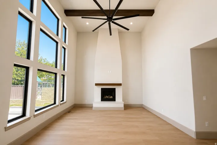Soaring ceiling with exposed wood beams