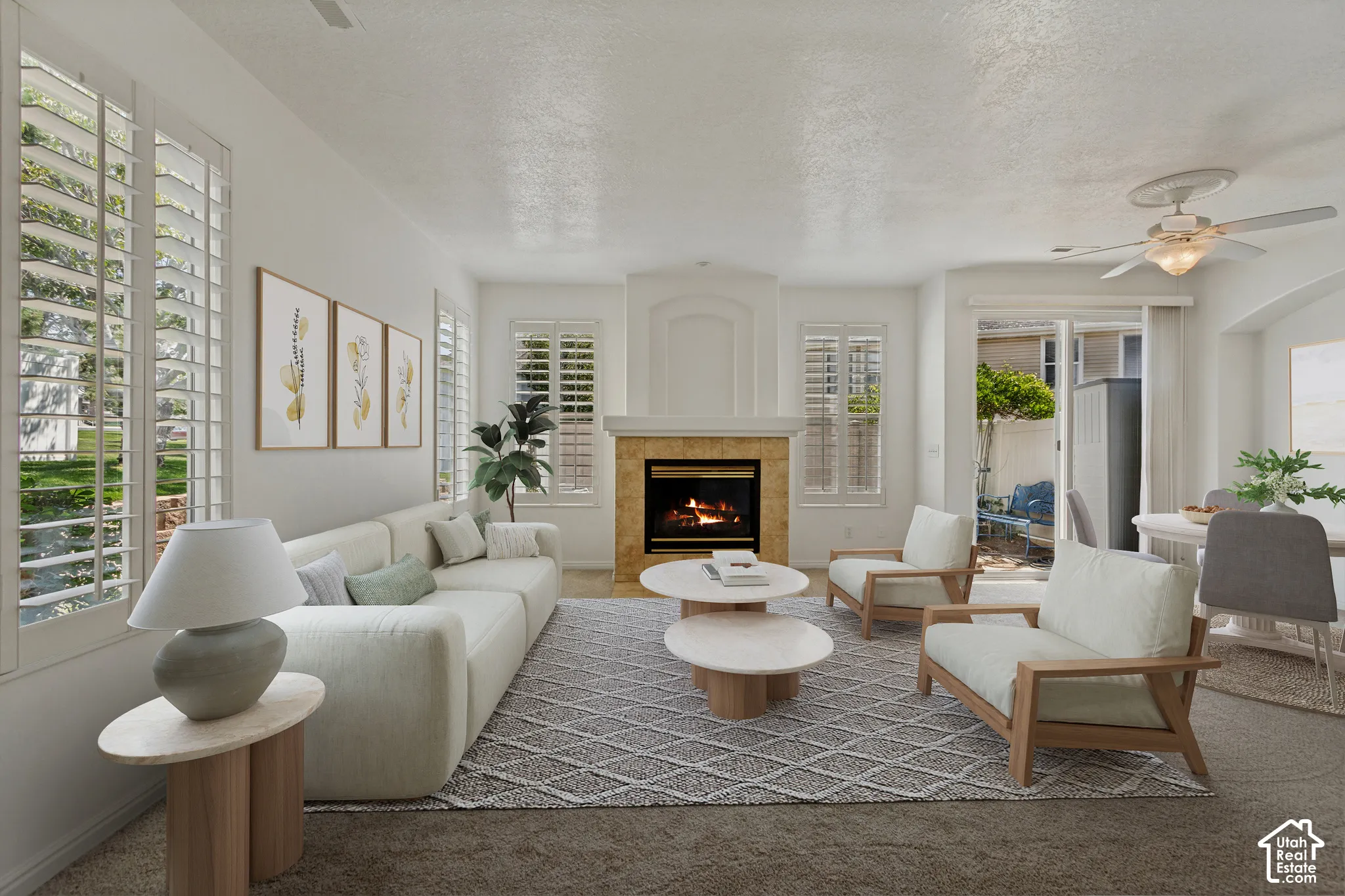 Recessed fireplace with tile surround