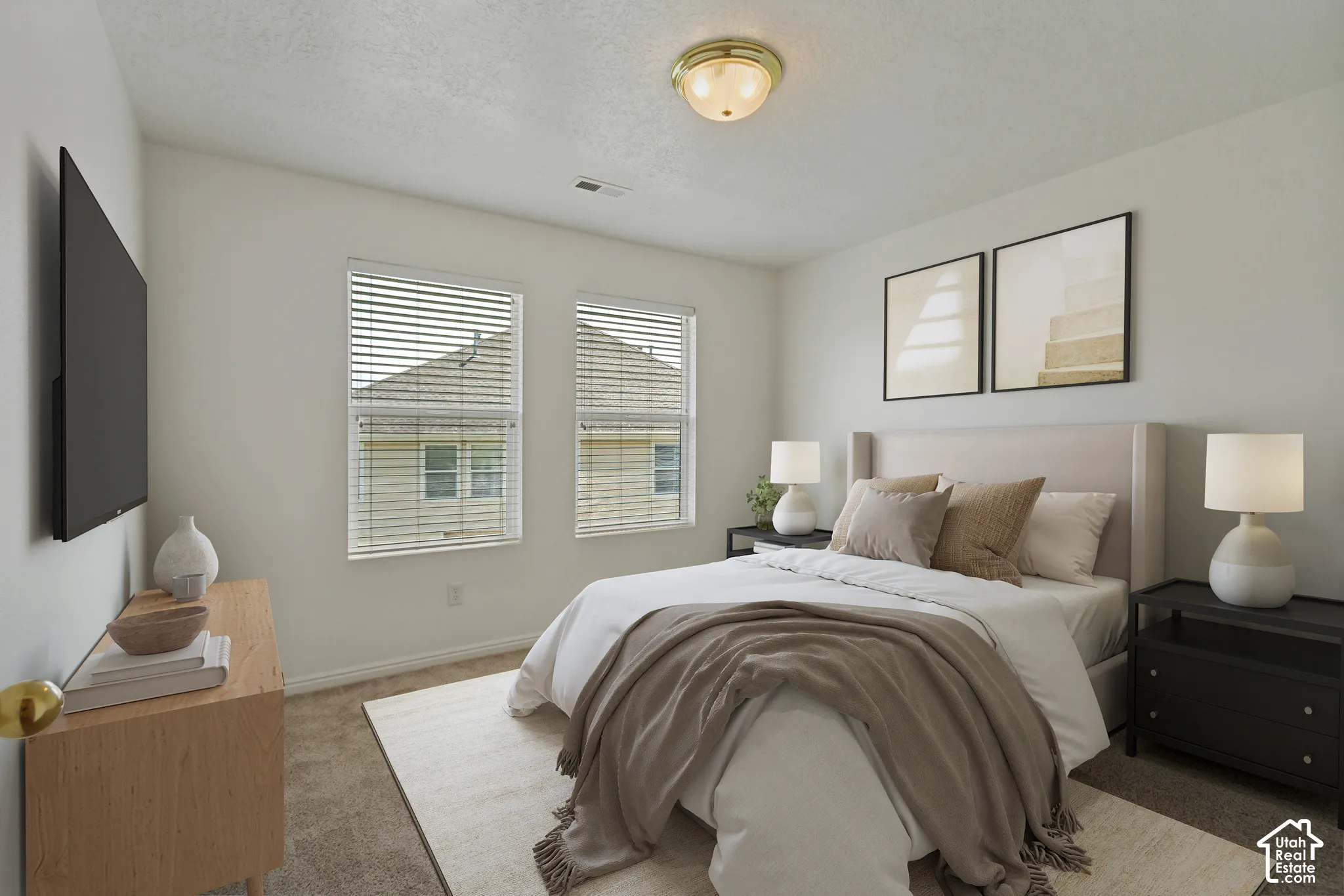 Warm beige carpeting with dual windows featuring blinds and a flush-mount ceiling light fixture