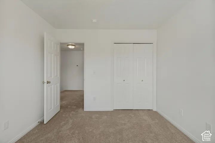 Wall-to-wall carpeting in a neutral tone, white bi-fold closet doors, and a white paneled interior door