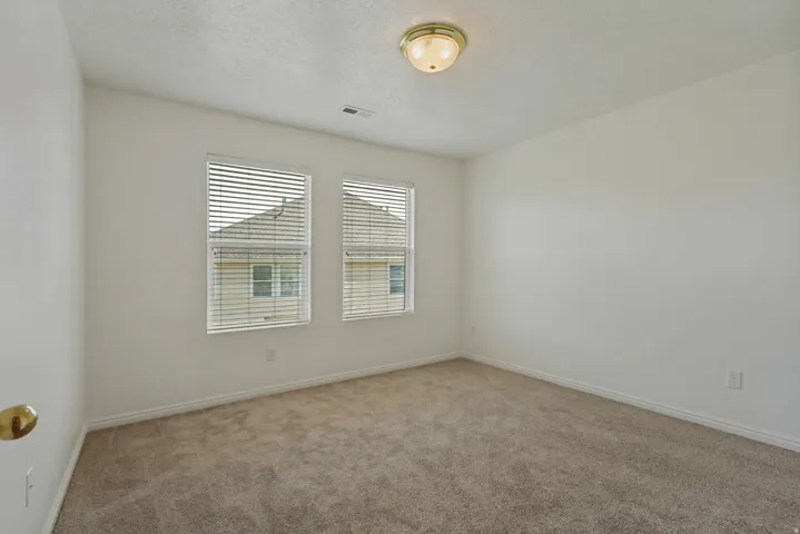 Neutral tone wall finishes, two windows with blinds, carpeted flooring, and a flush mount ceiling light