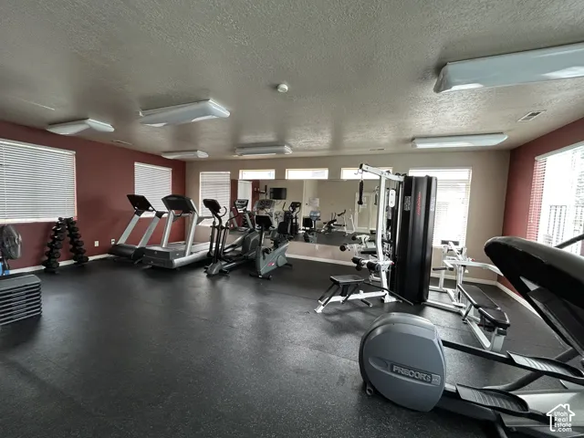 Dedicated fitness space featuring rubber flooring, extensive windows, and multiple overhead lighting fixtures