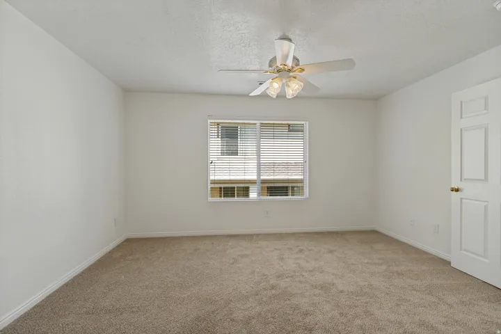 Neutral wall paint, plush carpet, window with horizontal blinds, overhead ceiling fan with lighting, and white paneled door