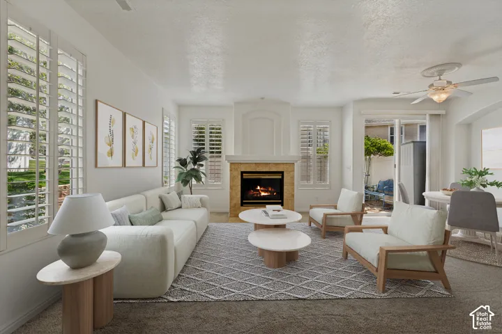 Recessed fireplace with tile surround
