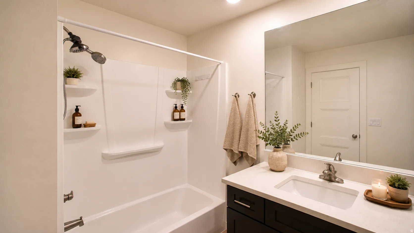 Bathtub with integrated shelving, brushed nickel showerhead, and a vanity featuring an undermount sink, countertop, and large wall-mounted mirror