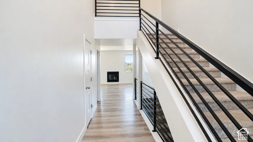 Staircase featuring horizontal metal railings, wood-finish flooring, and carpeted steps