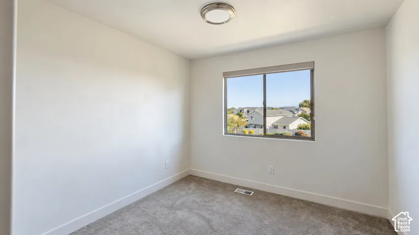 Neutral-toned walls, carpeted flooring, sliding window with integrated roller shade, and flush-mount ceiling lighting