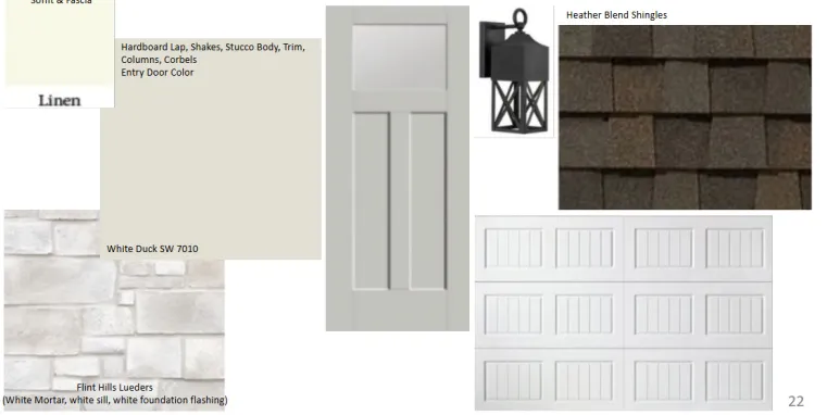 Material and Finish Specification. Displaying various exterior material samples and color selections for the property
