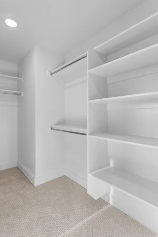 Recessed lighting, built-in shelving, chrome hanging rods, and carpet flooring