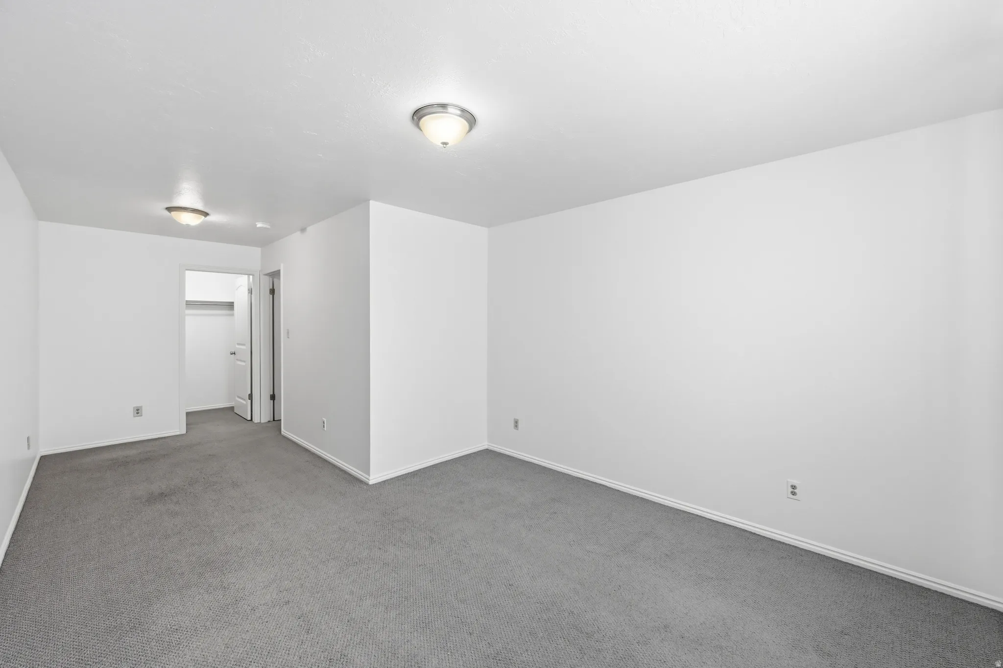 Light gray carpet flooring, white painted walls, and two ceiling-mounted light fixtures