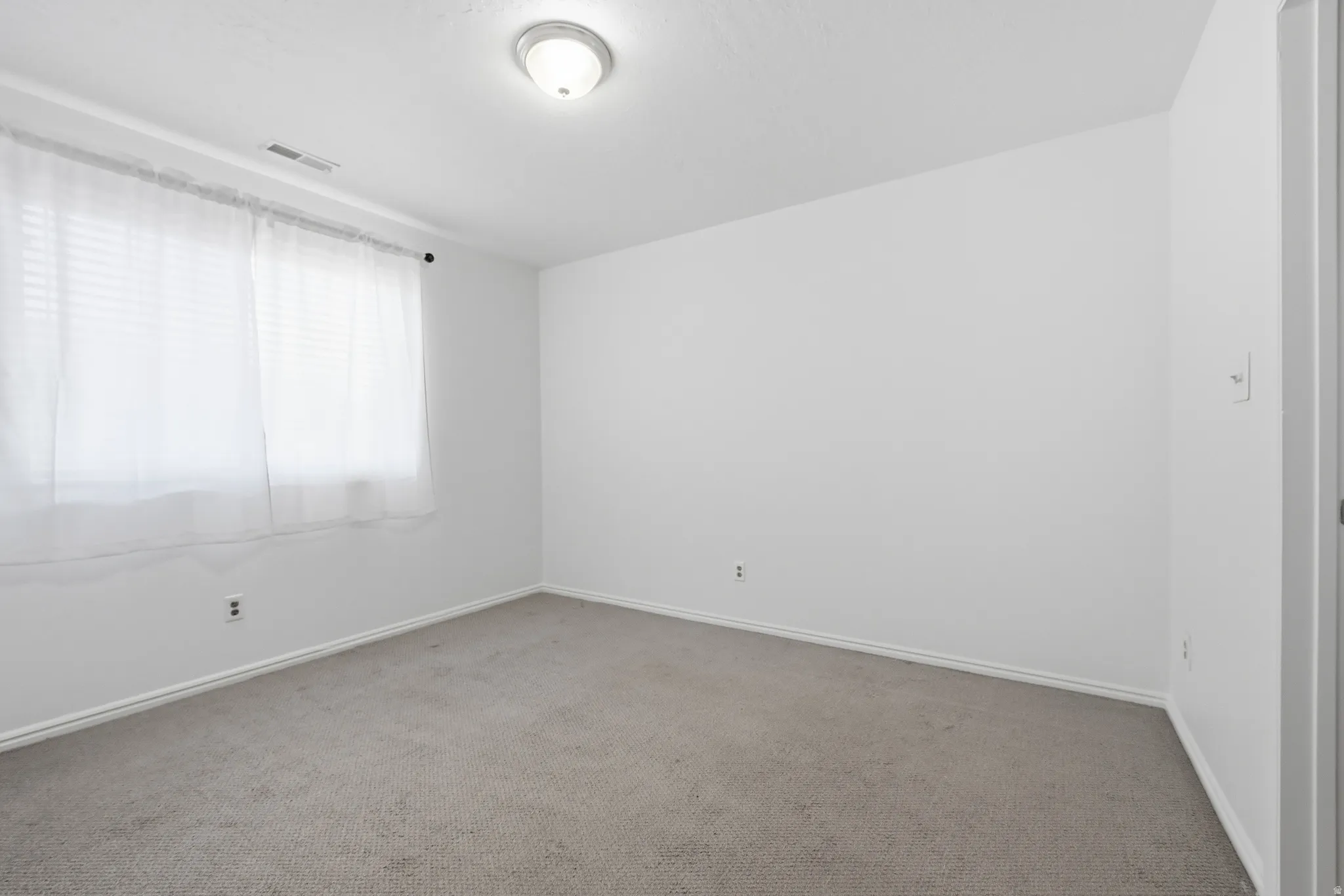 Carpeted flooring, neutral wall color, window with blinds, ceiling-mounted light fixture, and white trim