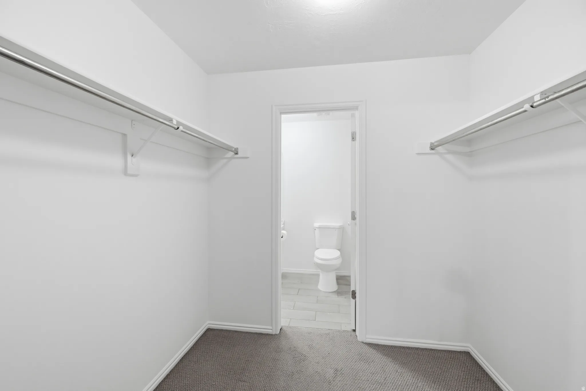 Walk-in closet with carpet flooring, white walls, and built-in shelving with hanging rods