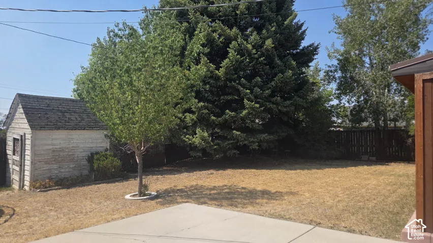 Expansive yard with concrete patio, mature trees, wood fence, and storage shed