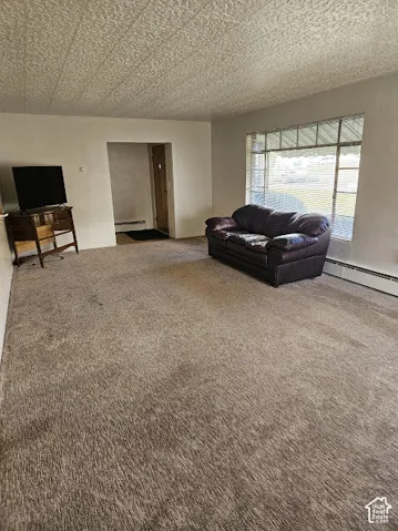 Wall-to-wall carpeting and a textured ceiling