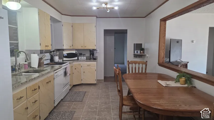 Kitchen featuring granite countertops, a stainless steel sink with granite countertops,  white appliances, and painted cabinetry