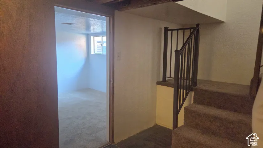 Carpeted staircase with view of bedroom