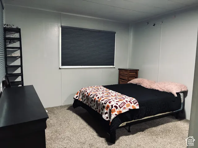 Light-colored paneled walls with a window featuring dark cellular blinds, complemented by neutral carpet flooring