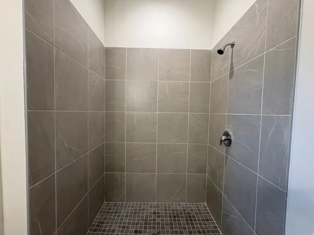 Walk-in shower with large format wall tiles, mosaic tile flooring, and polished chrome fixtures