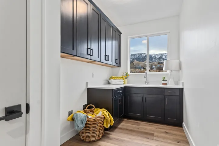 Integrated utility space featuring dark shaker-style cabinetry, white countertops, and wood-finish flooring