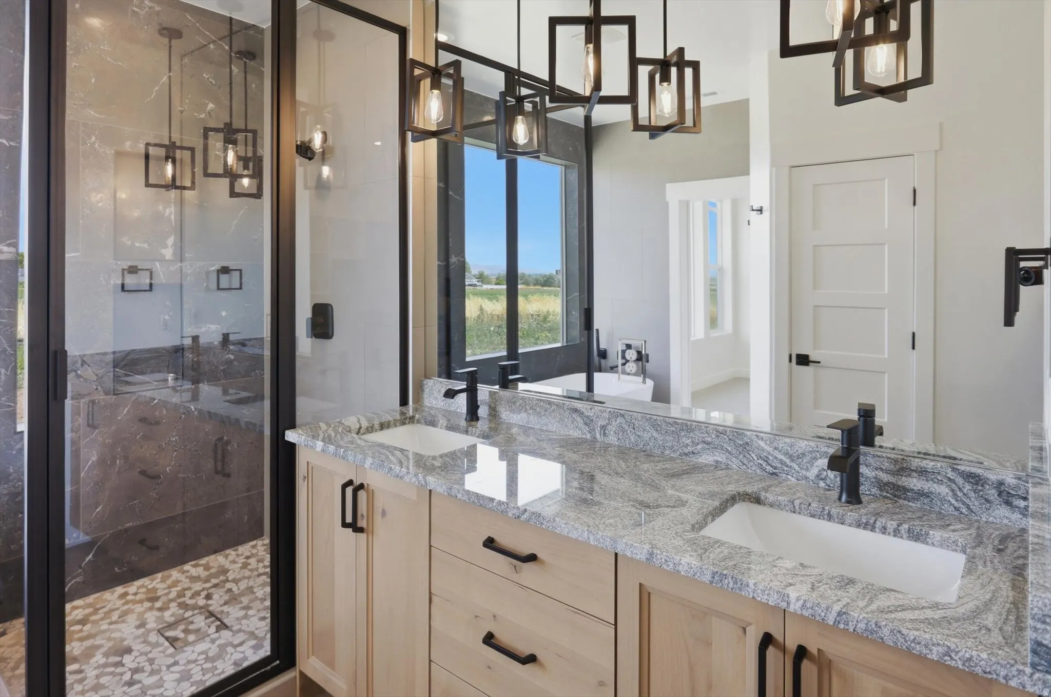Dual vanity with stone countertop and integrated rectangular sinks