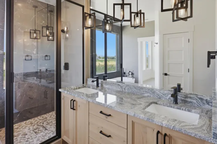 Dual vanity with stone countertop and integrated rectangular sinks