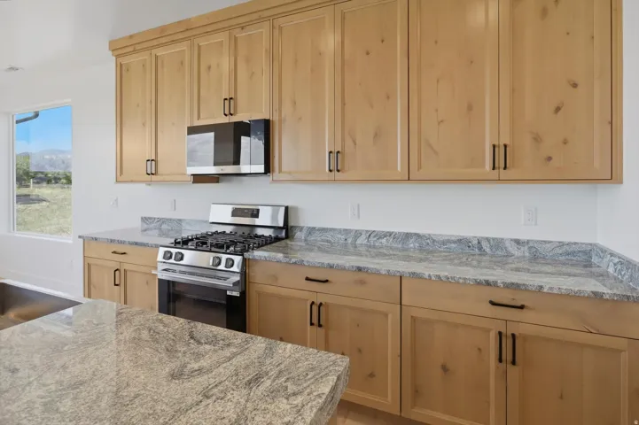Light wood-finish cabinetry, stainless steel oven/range, built-in microwave, and stone countertops