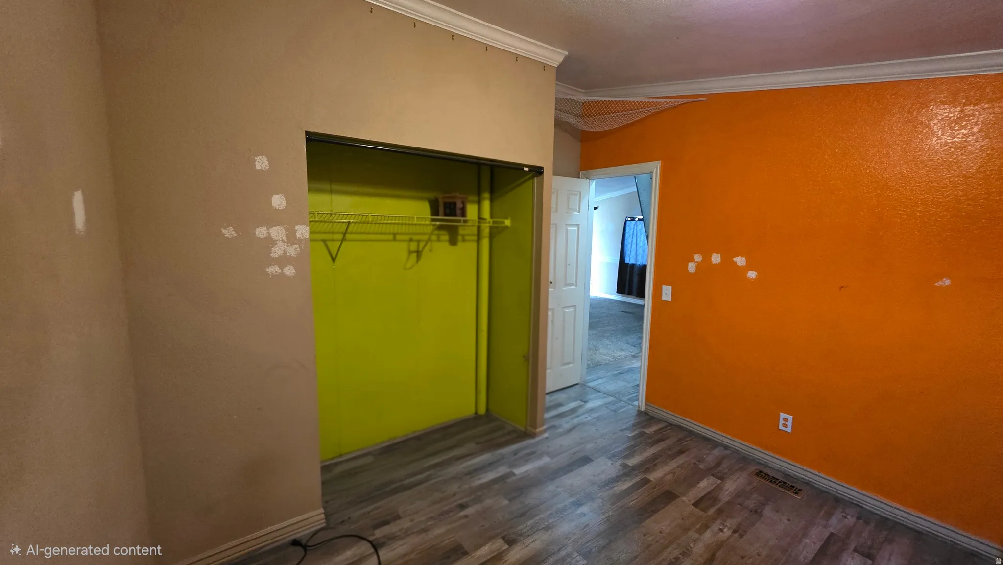 Wood-finish flooring with a closet featuring wire shelving
