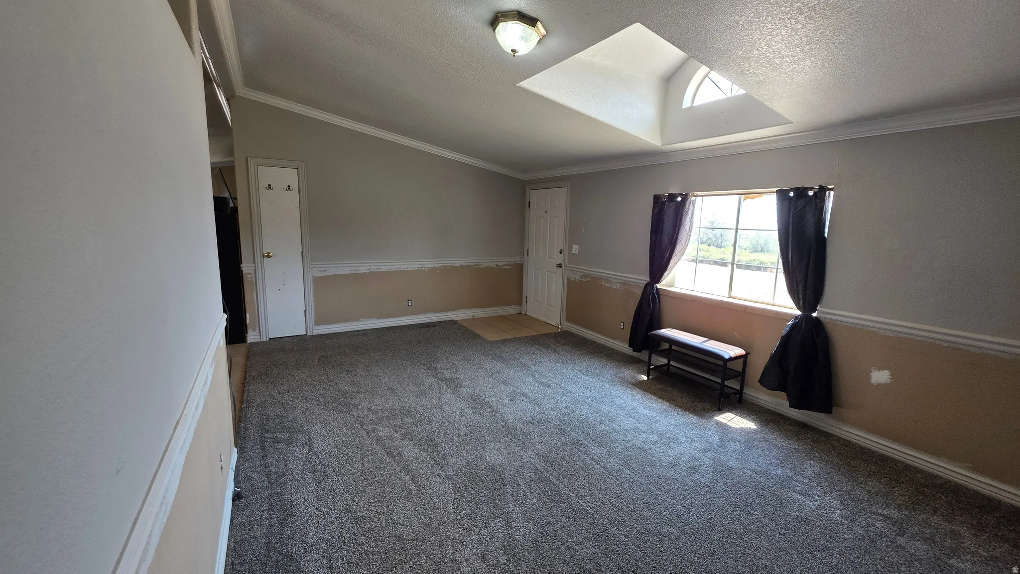 Sloped ceiling with skylight and arched window