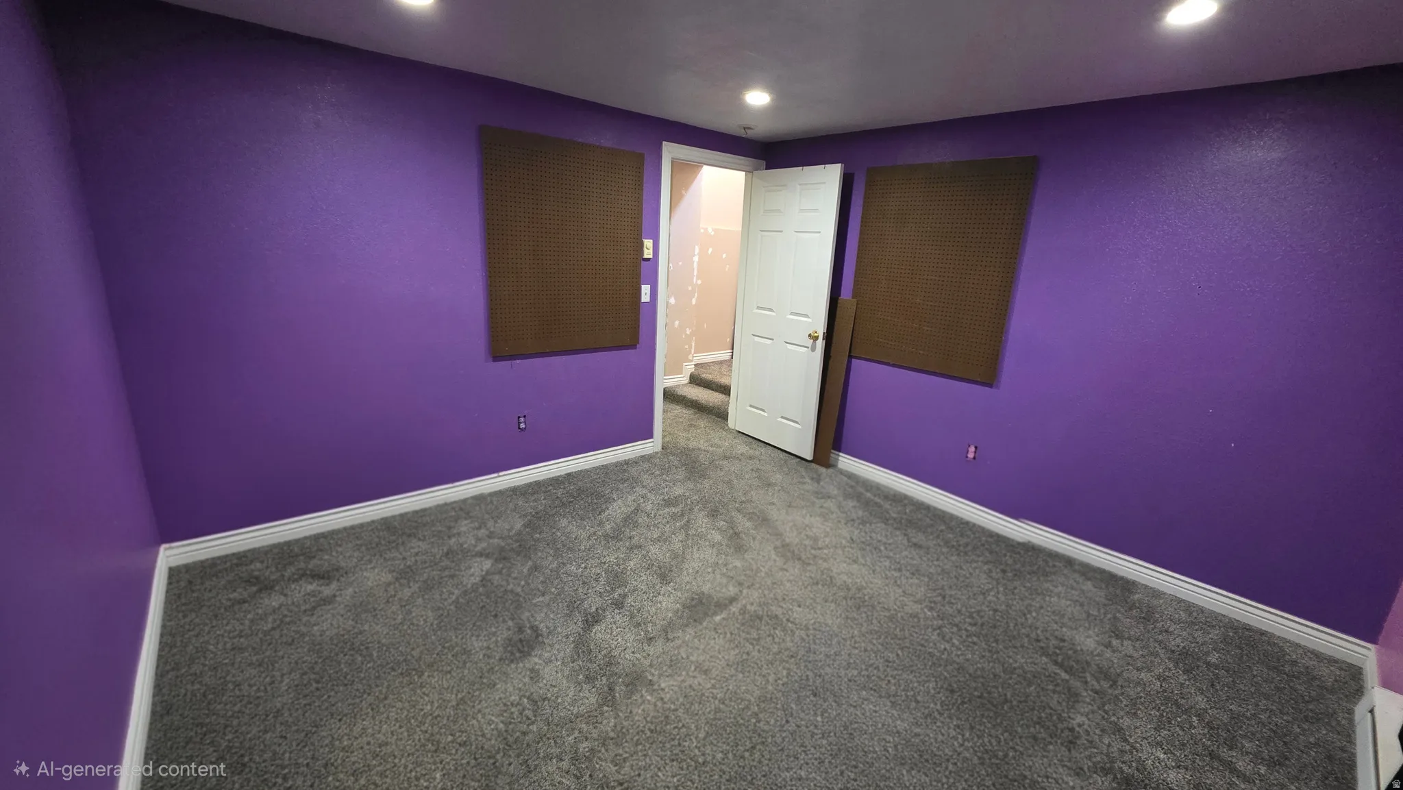 Plush gray carpeting with white baseboards and recessed ceiling lighting