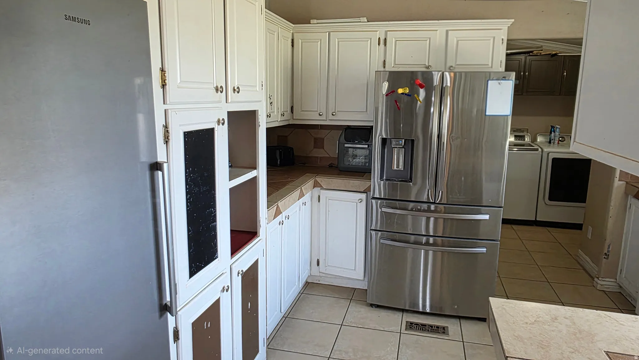 White cabinetry with gold-tone hardware, tile flooring, and a stone-look countertop with tile backsplash