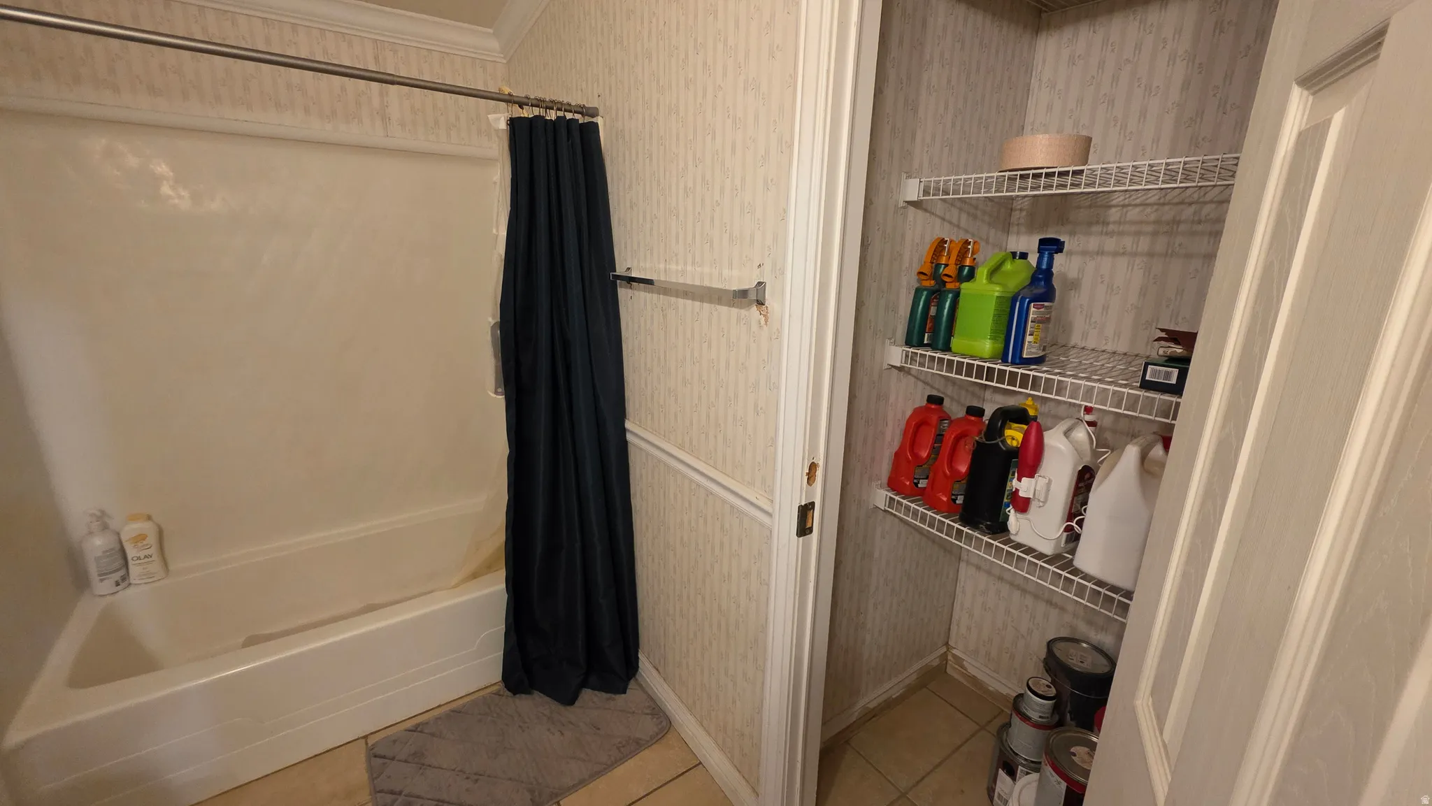 Tub/shower combination with a shower rod and an adjacent utility closet featuring wire shelving